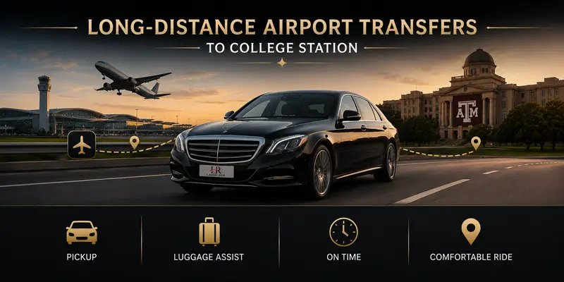 Mercedes S600 luxury airport transfer service to College Station featuring Lavish Ride branding, private chauffeur transportation from Houston airports, luggage assistance, and comfortable long-distance travel near Texas A&M University.